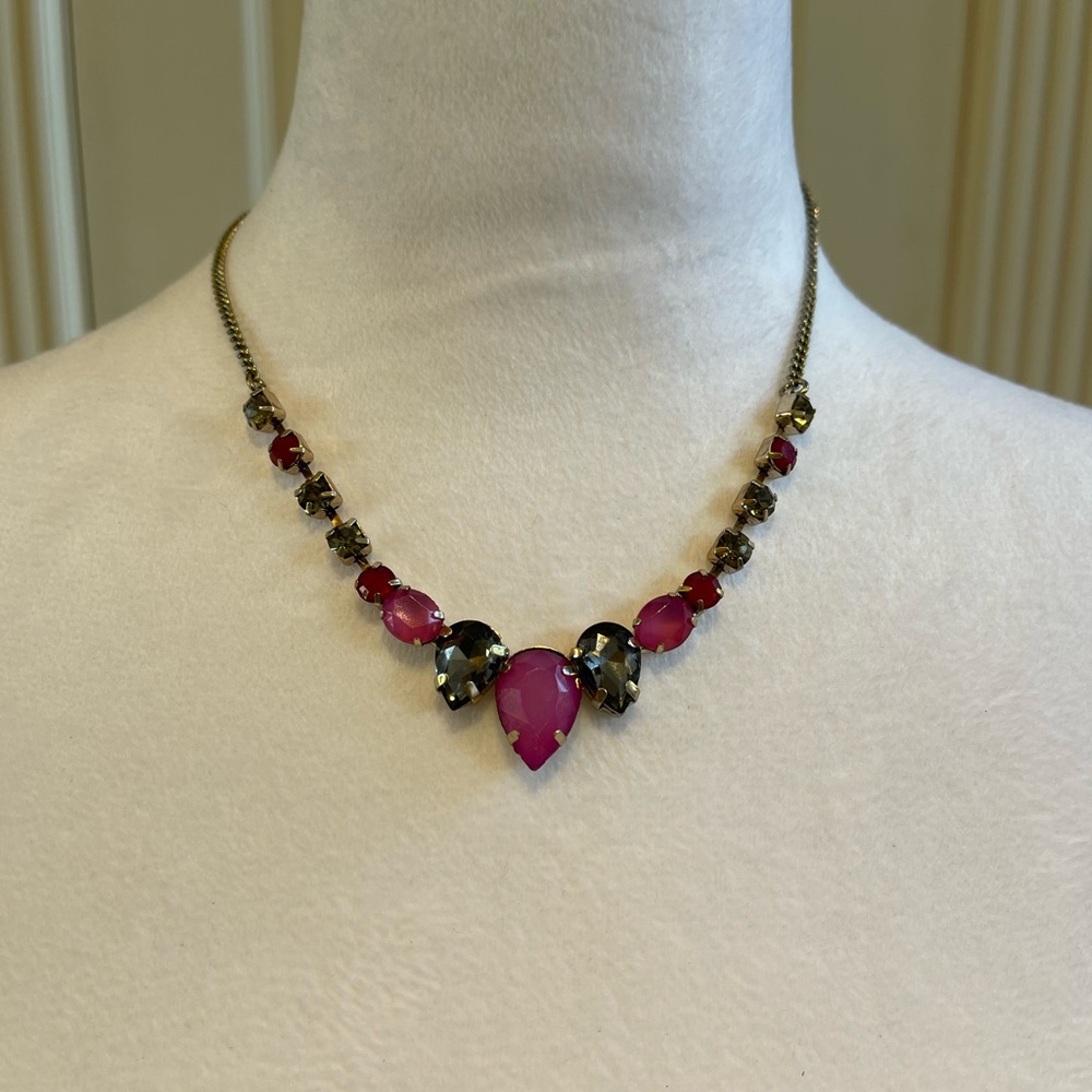Elegant LOFT Pink and Smoky Grey Crystal Prong Necklace - Adjustable 18” to 20”